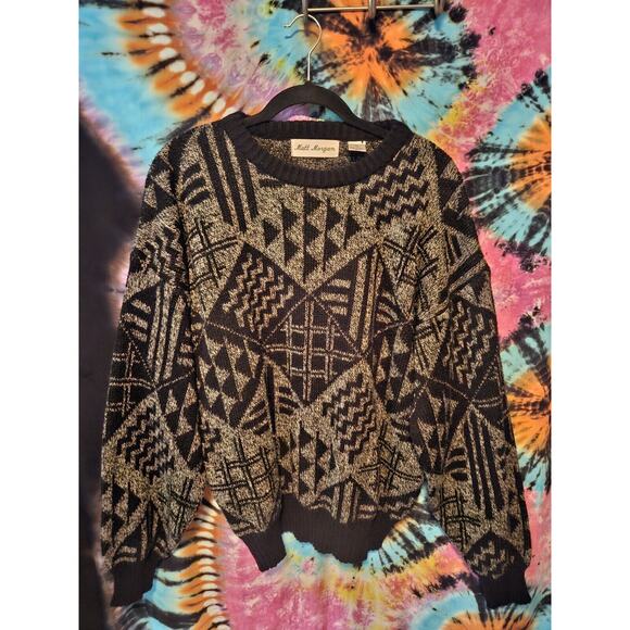 Vintage MATT MORGAN 90s Black Gray Acrylic Wild Geometric Sweater Mens XL - Picture 1 of 7